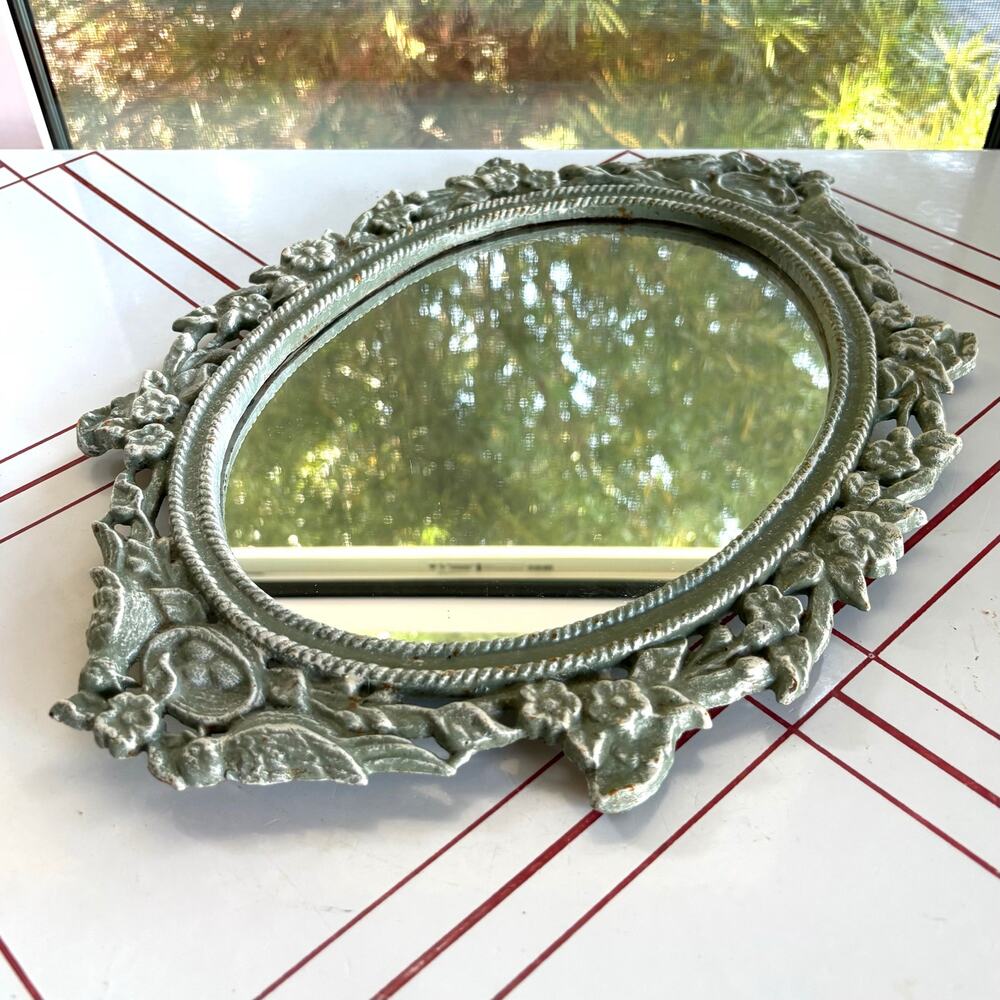Vintage Cast Iron Vanity Mirror Bird Floral Tabletop or Wall Mirror